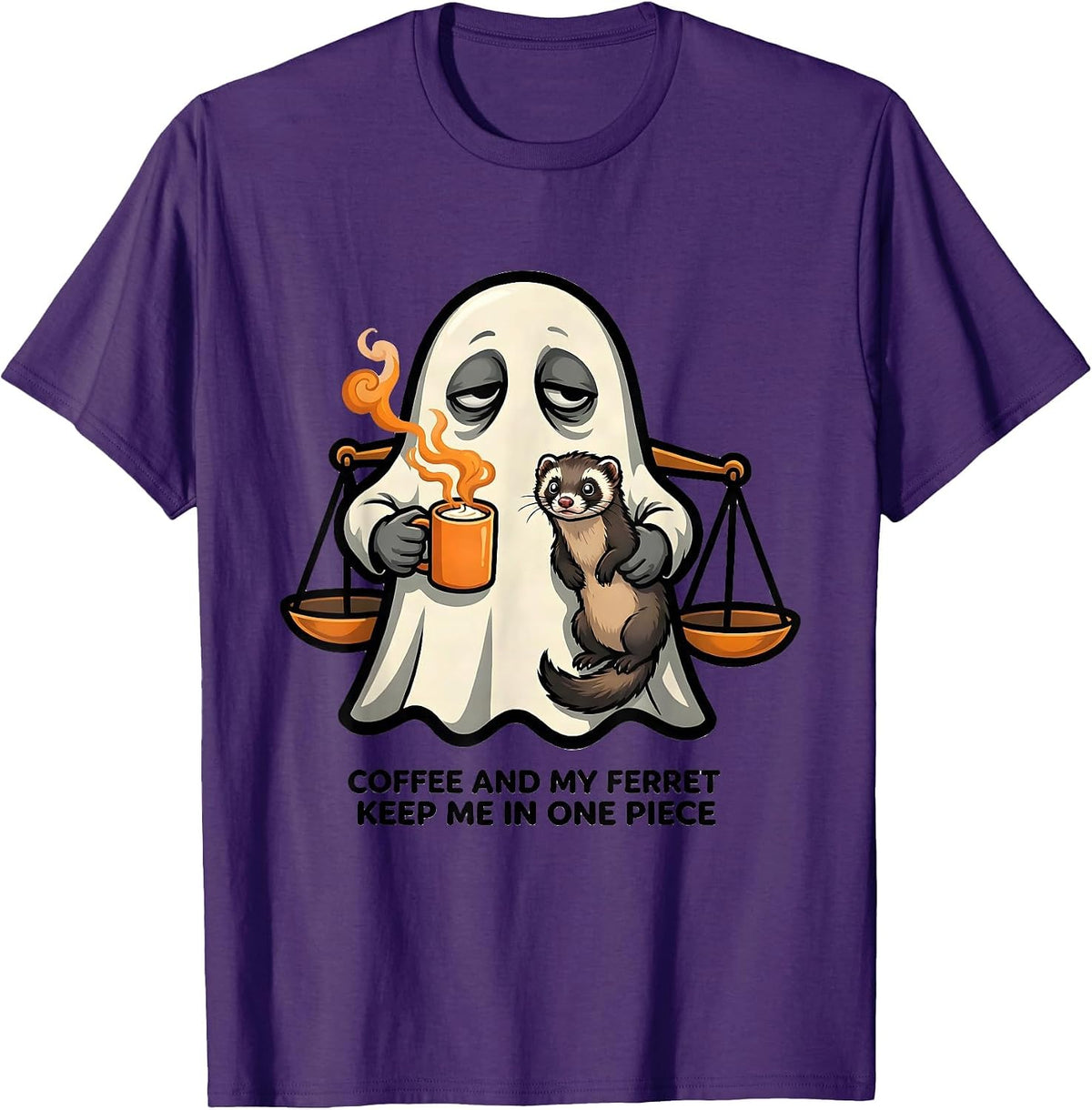 Coffee And My Ferret Keep Me In One Piece Funny Ghost T-Shirt - Purple