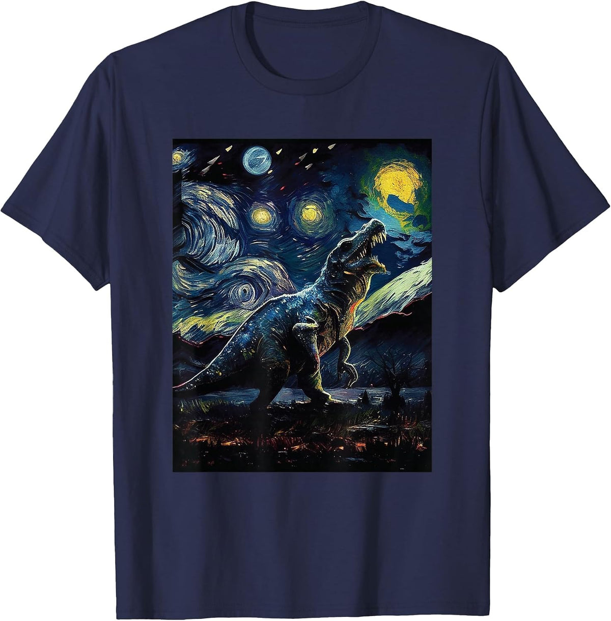 Dinosaur Painting Van Gogh Art Starry Night Sky T-Shirt - Navy Blue
