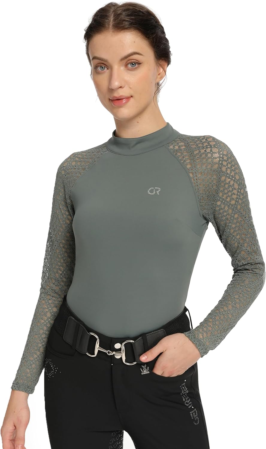 Long Sleeve Horse Riding Top, Women's Equestrian Show Shirt - Laurel Green