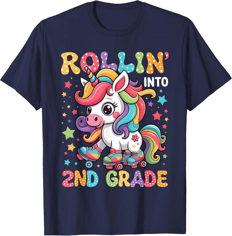 Second Grade Back to School First Day Girls Rollin Unicorn T-Shirt - Navy Blue