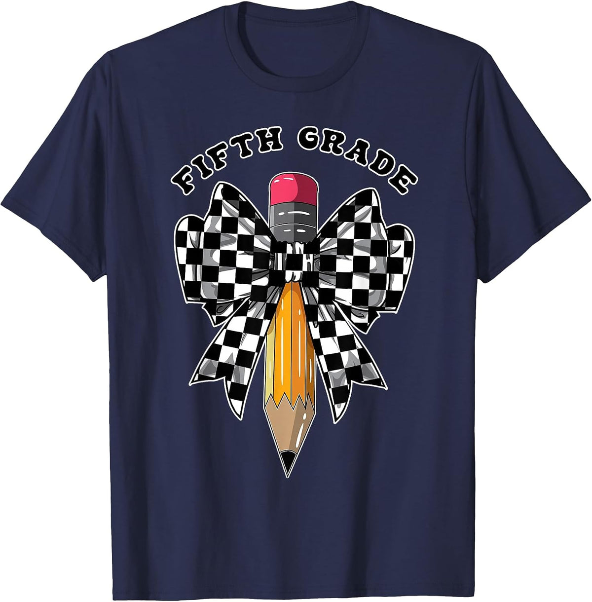Fifth Grade Coquette Checkered Back to School Teacher Kids T-Shirt - Navy Blue