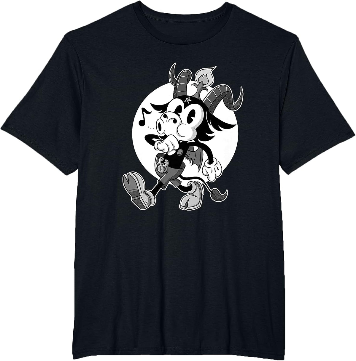 Atheist Satan Baphomet Goat Retro Cartoon Black and White T-Shirt - Black