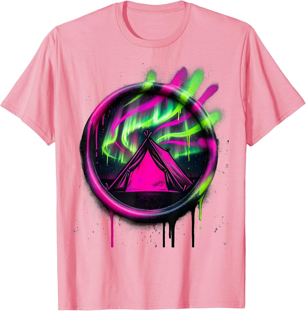 Men's Northern Lights Lone Tent Camping Illustration T-Shirt - Pink