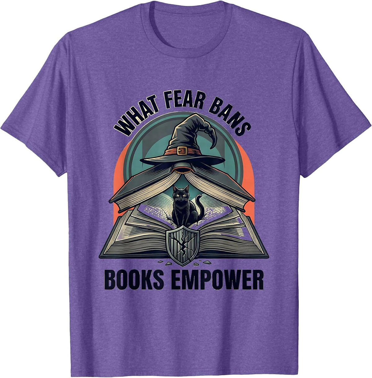 Men's What Fear Bans, Books Empower Flat Vector Witch Halloween T-Shirt - Purple Heather
