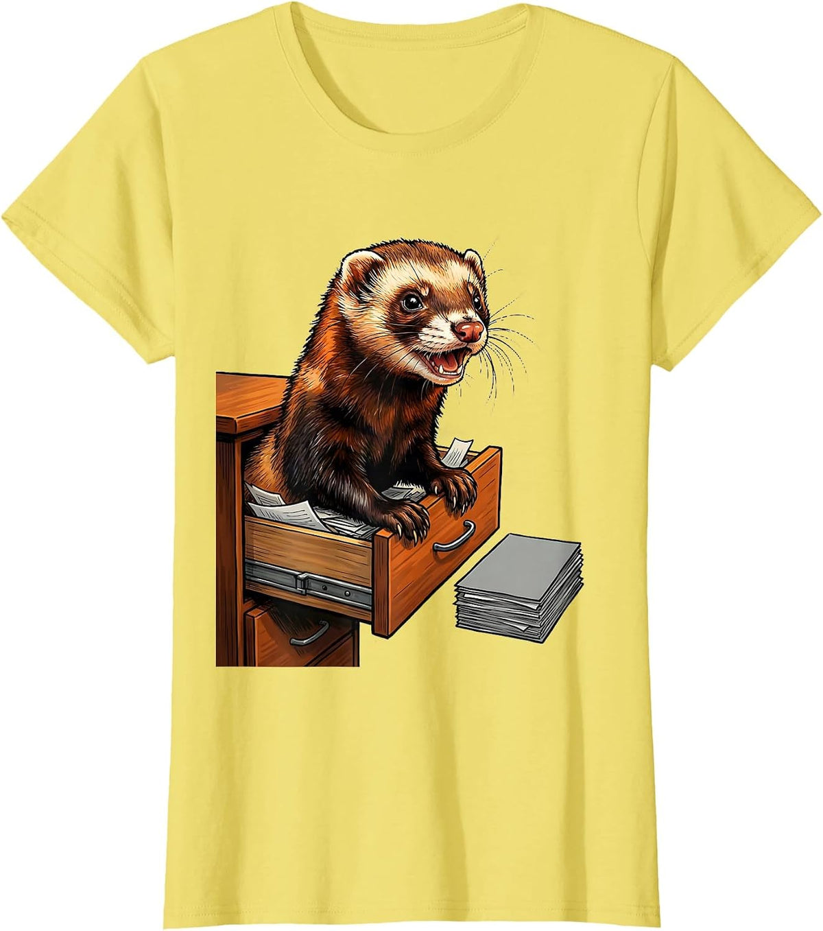 Women's Ferret In Desk Drawer Funny Ferret Lover Gift T-Shirt - Lemon Yellow
