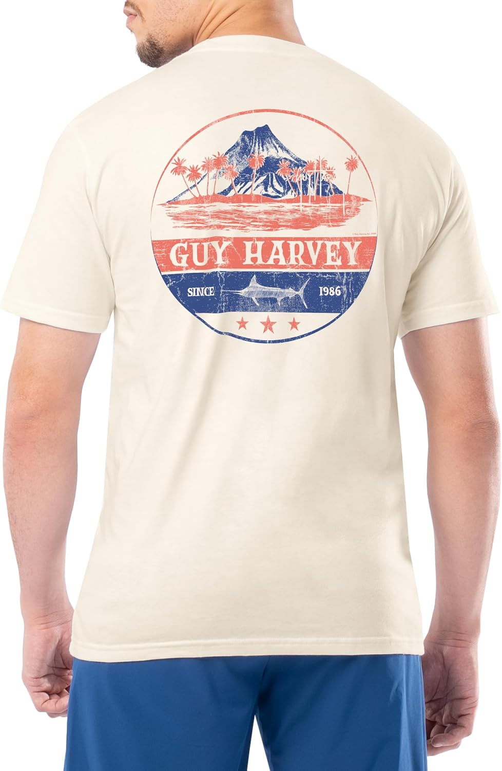 Guy Harvey Men’s HarborLite Short Sleeve Pocket T-Shirt - Bone White\/Volcano