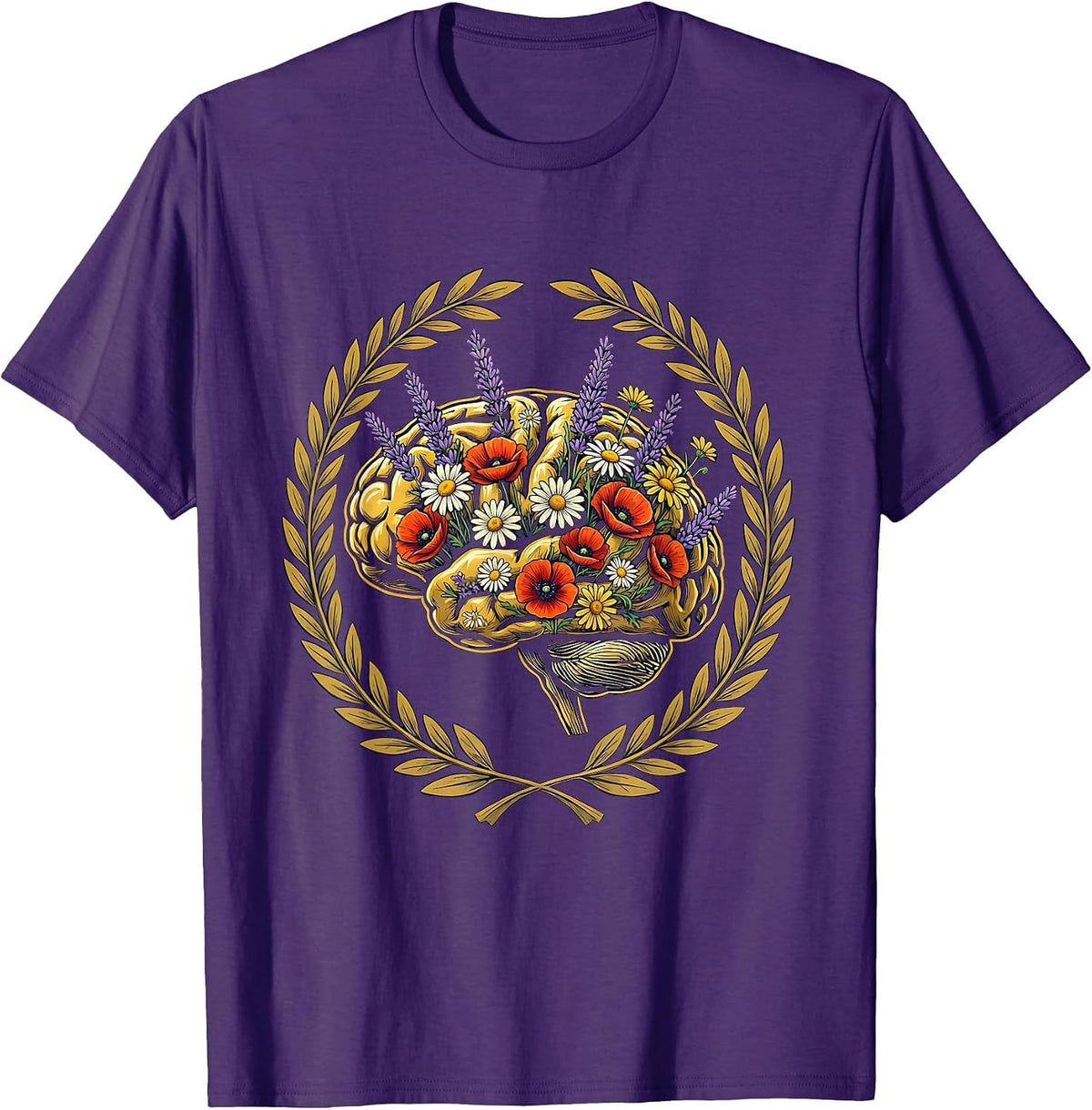 Men's Autism Awareness Wildflower Brain Illustration T-Shirt - Purple