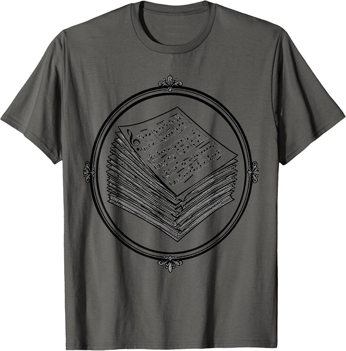 Music Teacher Worn Sheet Music Stack Illustration T-Shirt - Asphalt Grey