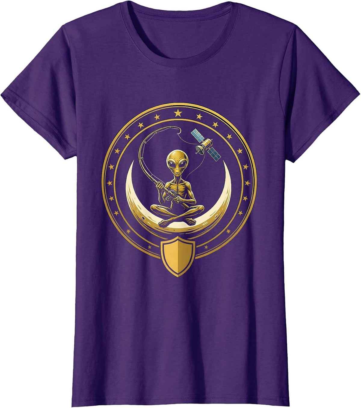 Women's Alien Fisherman Catching Satellite From Orbit T-Shirt - Purple