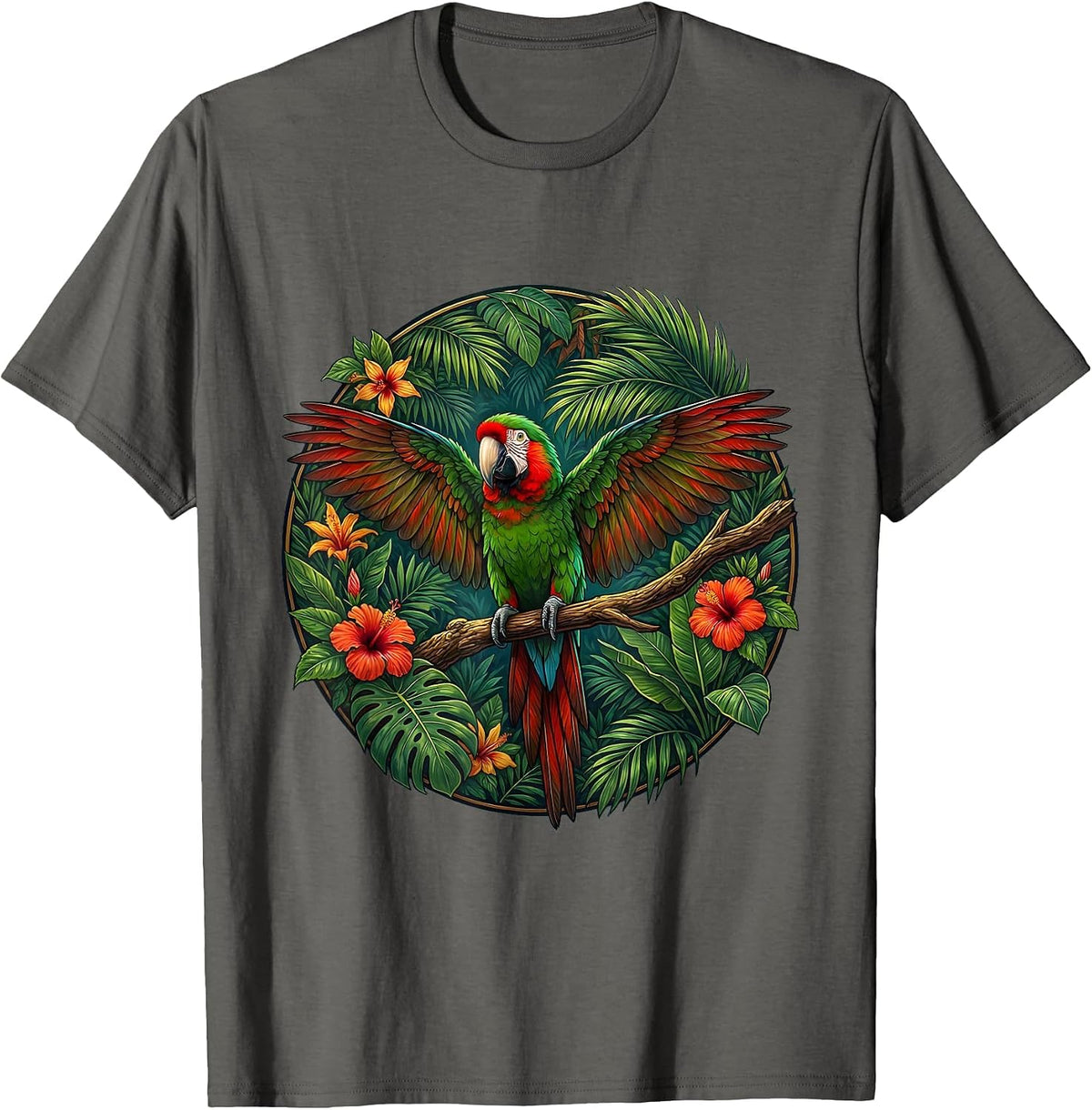 Men's Puerto Rican Parrot Jungle Canopy Illustration T-Shirt - Asphalt Grey