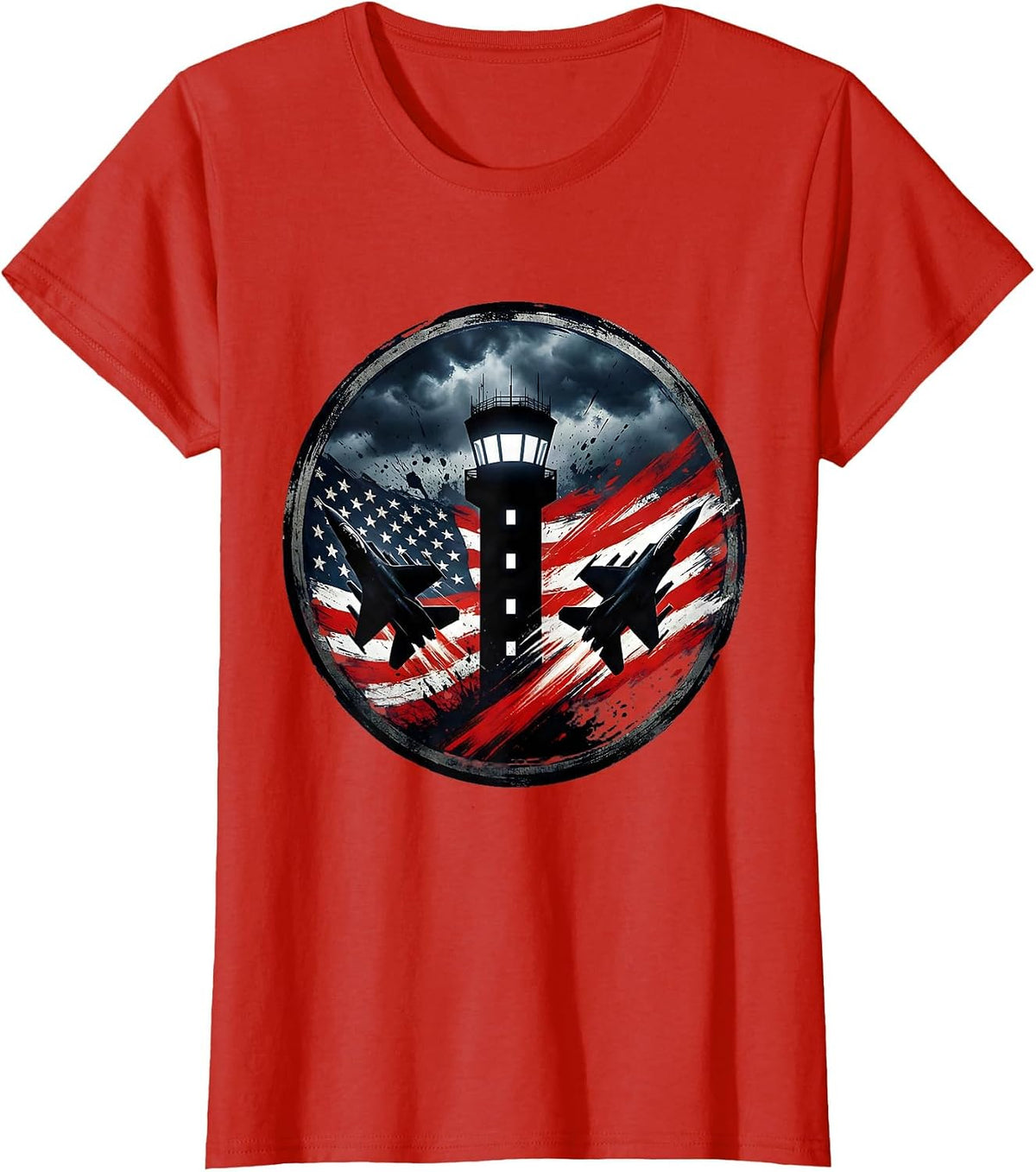Control Tower Stormy Night Sky Illustration T-Shirt - Red