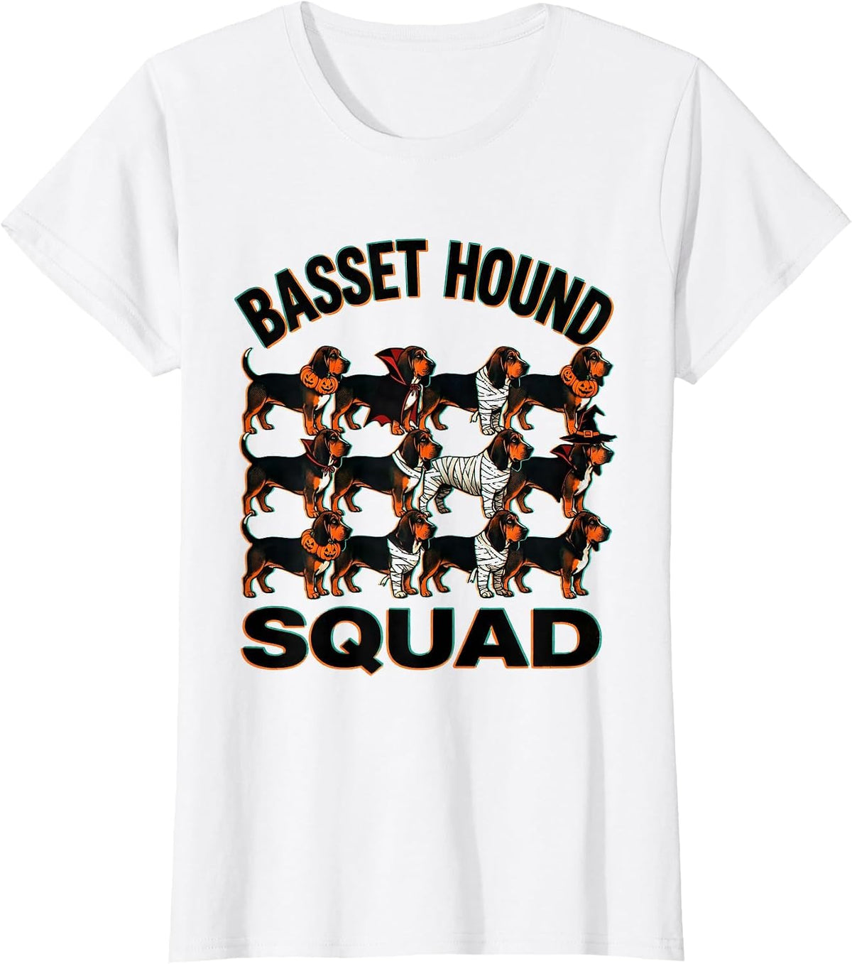 Women's Basset Hound Squad Halloween Pumpkin Vampire Mummy Witch Dog T-Shirt - White