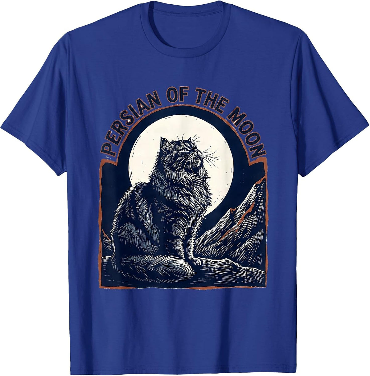 Men's Persian Of The Moon Linocut Cat Lover Retro Humor T-Shirt - Royal Blue