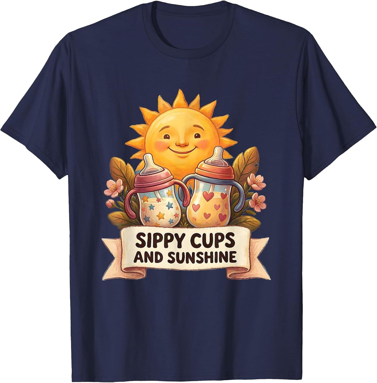 Men's Sippy Cups and Sunshine Daycare Teacher Design T-Shirt - Navy Blue