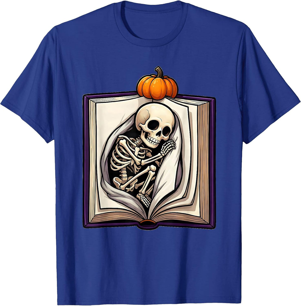 Men's Cheerful Skeleton Bookworm Cartoon Reader Halloween T-Shirt - Royal Blue