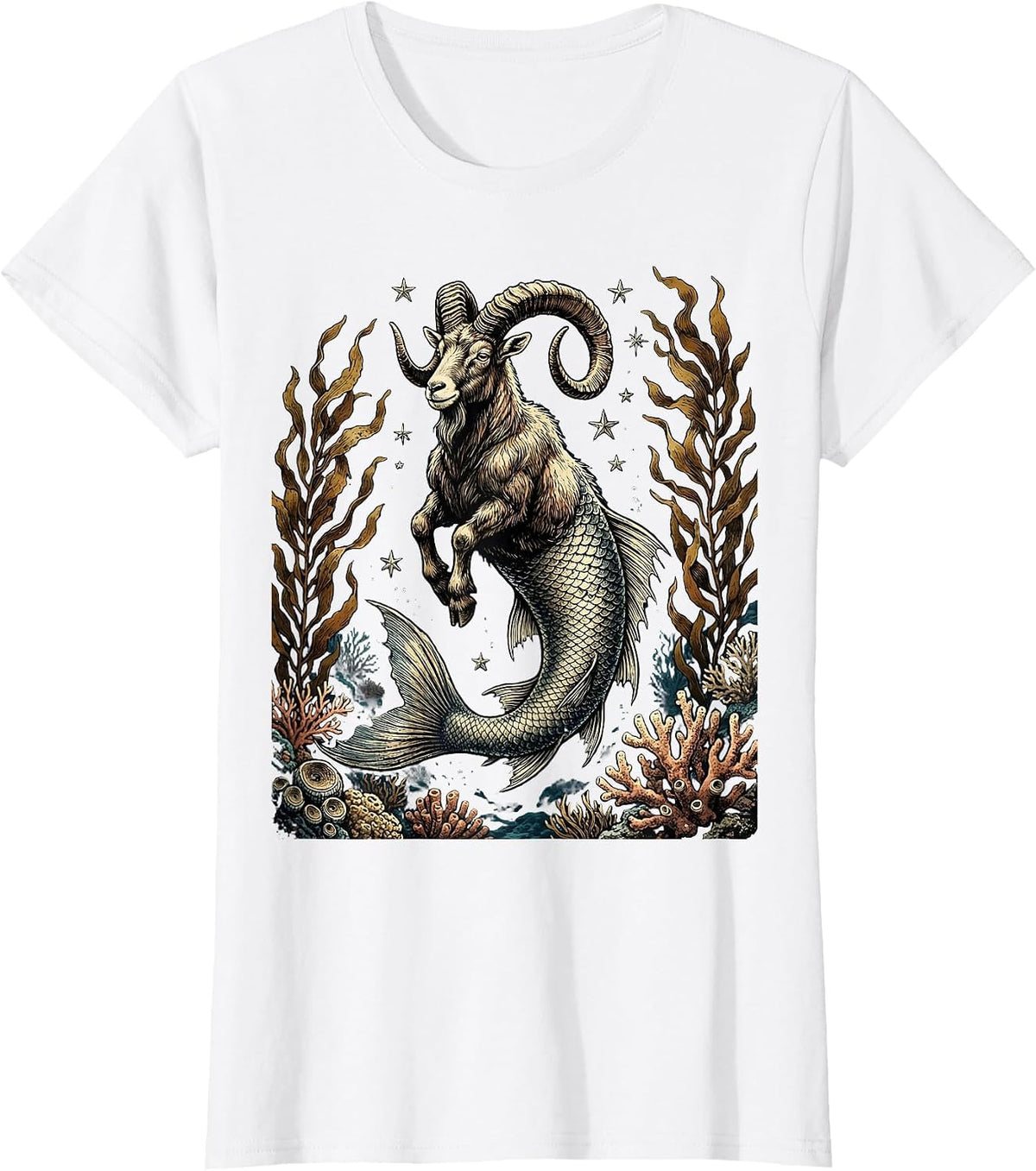 Women's Capricorn Zodiac Deep Sea Fish-Tailed Goat T-Shirt - White
