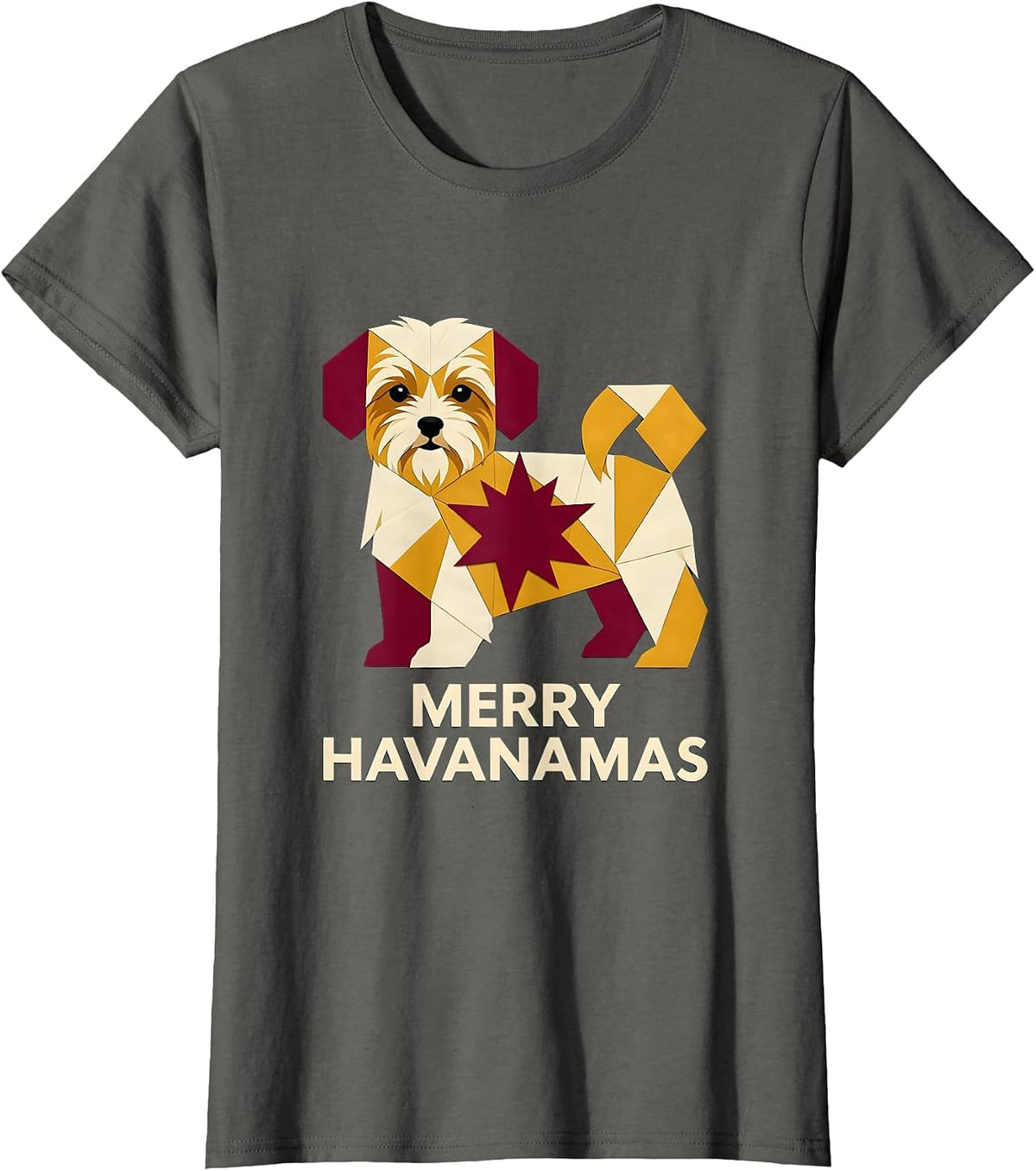 Women's Merry Havanamas Quilt Block Patchwork Havanese Christmas Dog T-Shirt - Asphalt Grey