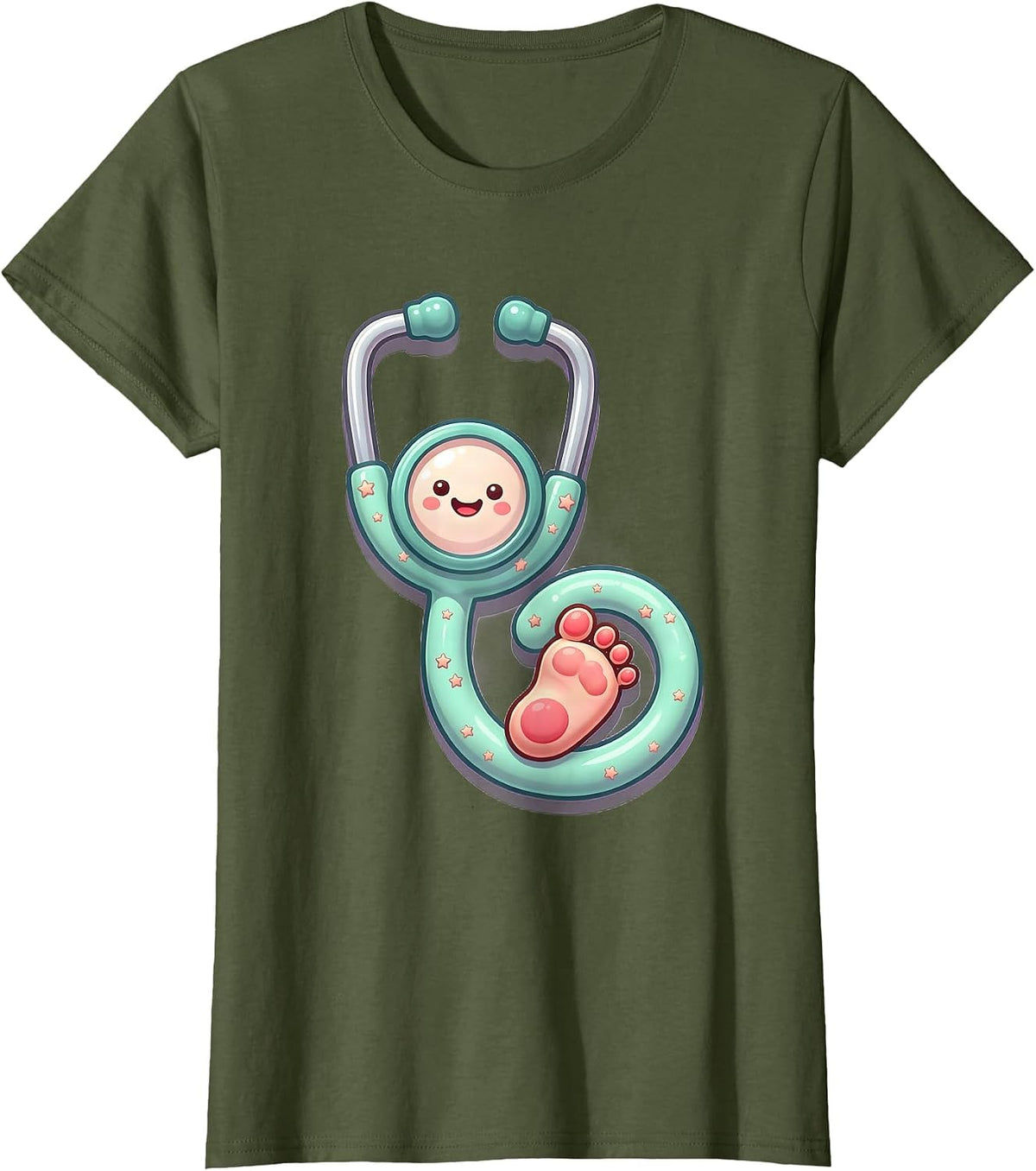 Women's NICU Nurse Stethoscope Baby Footprint Illustration T-Shirt - Olive Green