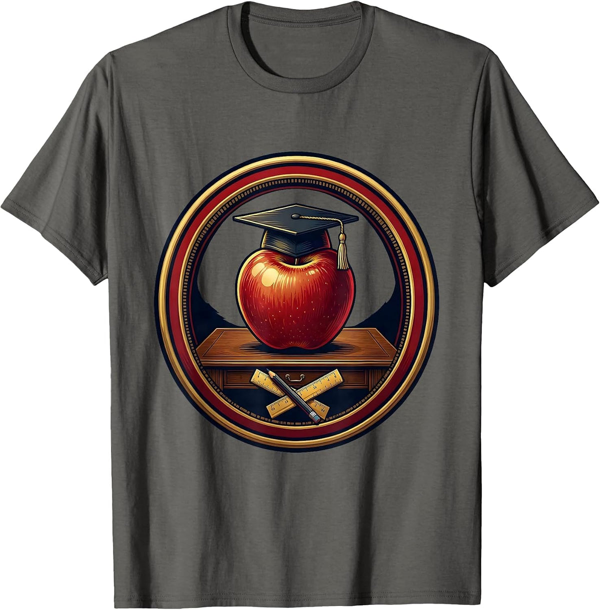 Men's Preschool Teacher Apple Graduation Cap Desk Art T-Shirt - Asphalt Grey