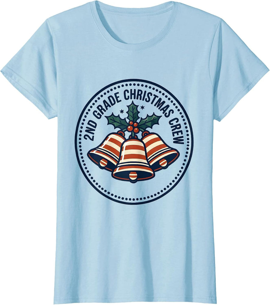 Women's 2nd Grade Christmas Crew Funny Teacher Holiday Squad T-Shirt - Baby Blue