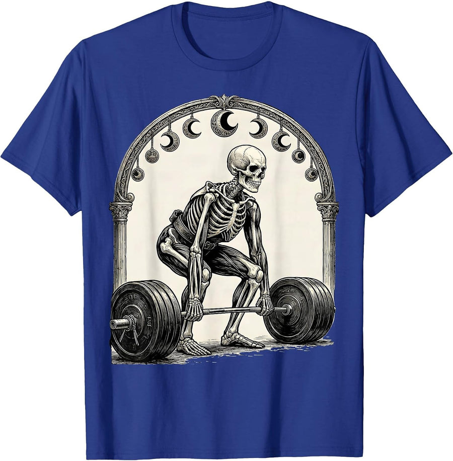 Skeleton Weightlifter Deadlift Tarot Card Gym Humor T-Shirt - Royal Blue