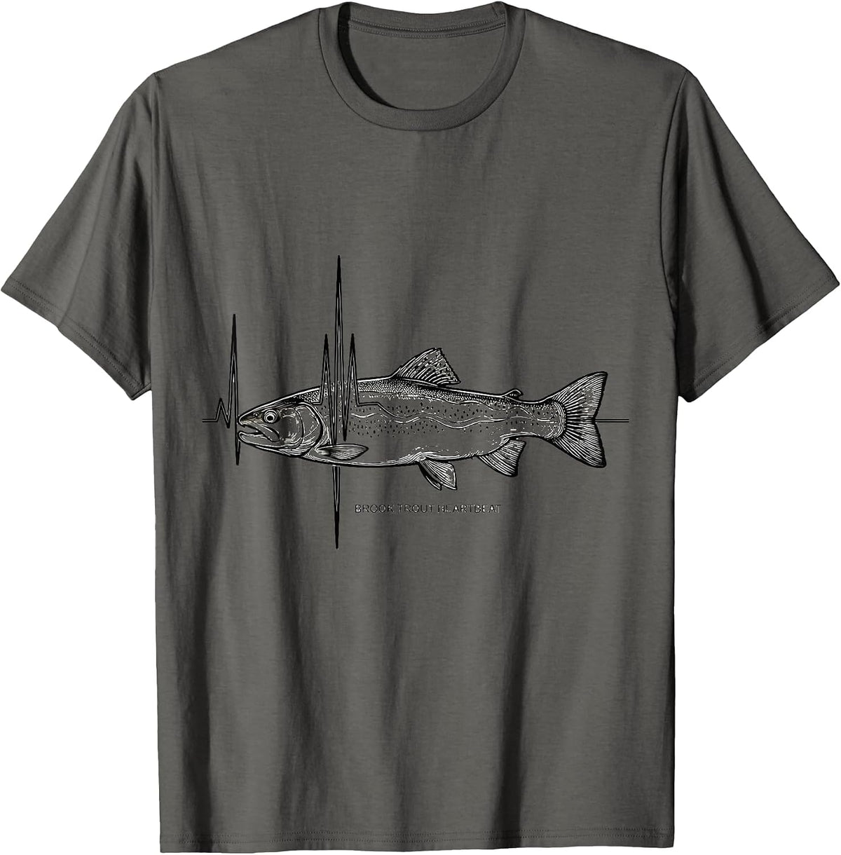 Men's Brook Trout Heartbeat Line Art Freshwater Fishing Angler T-Shirt - Asphalt Grey