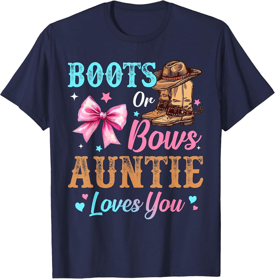 Boots or Bows Auntie Loves You Gender Reveal Family T-Shirt - Navy Blue