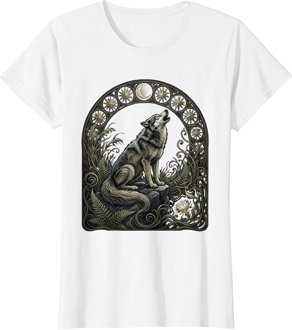 Women's Wolf Howling Under Starry Night Sky Illustration T-Shirt - White