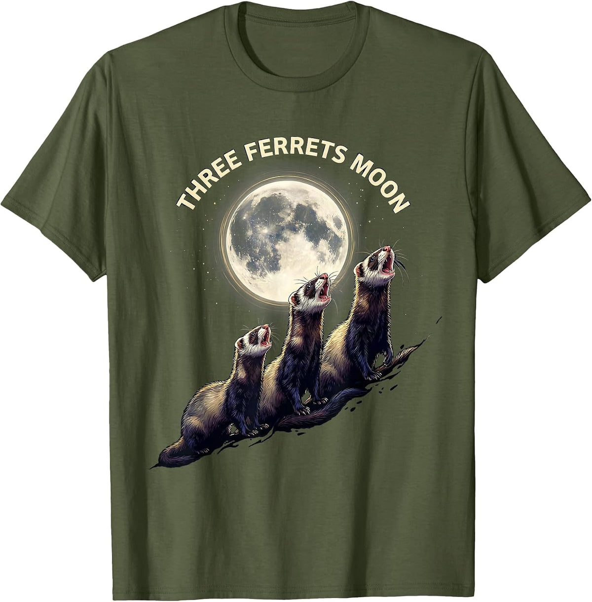 Men's Three Ferrets Moon Funny Ferret Lover Meme Parody T-Shirt - Olive Green