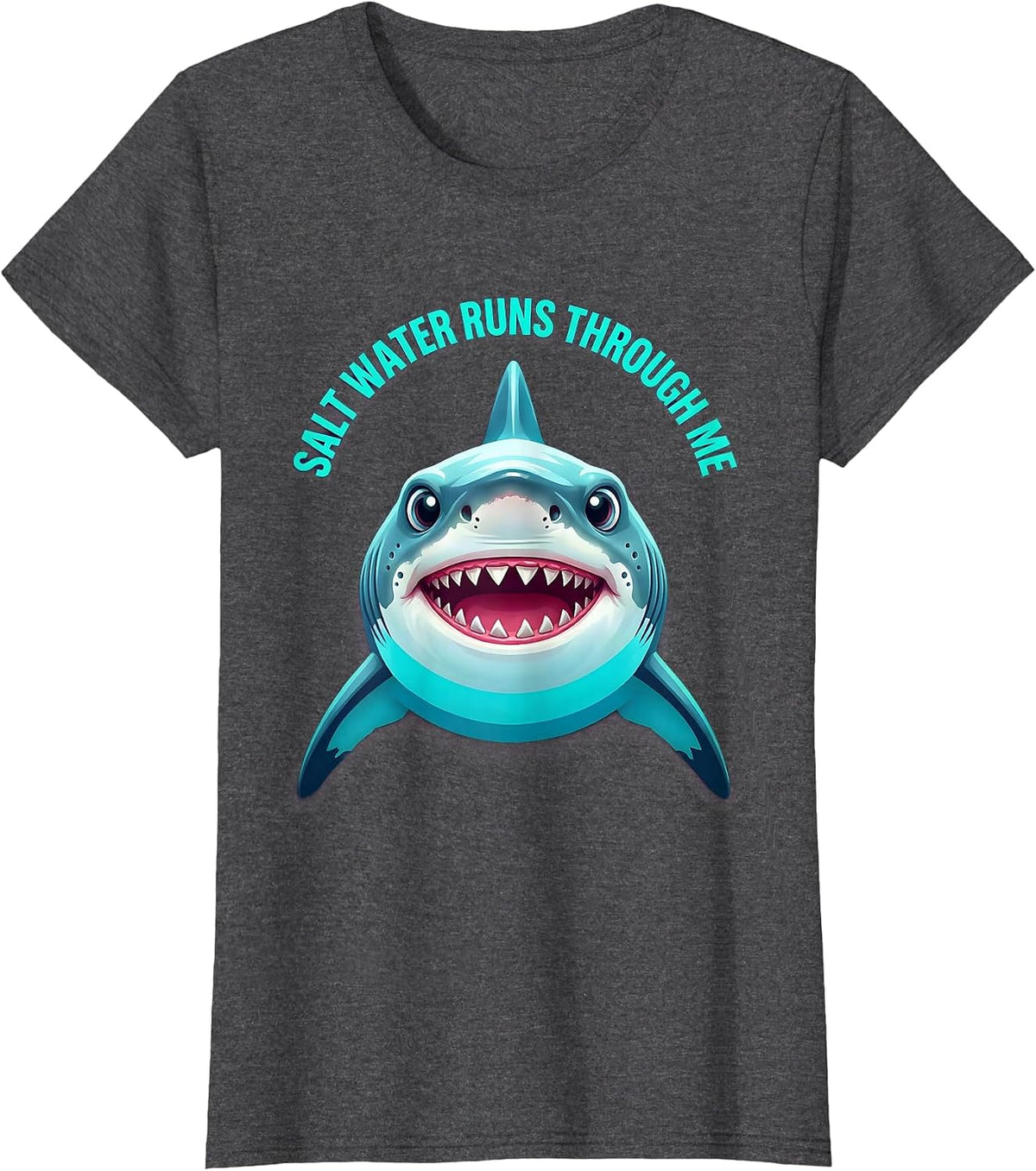 Women's Salt Water Runs Through Me Shark Ocean Design T-Shirt - Dark Heather Grey