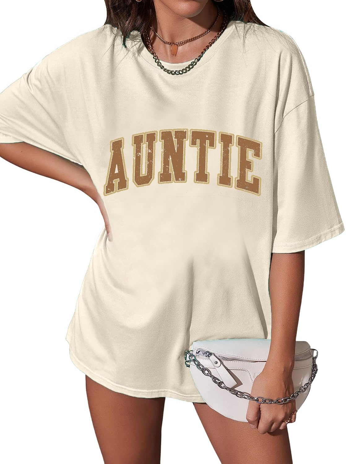 Aunt Shirts Women Cute Auntie Tshirt Loose Oversized Funny Casual Tee Graphic Short Sleeve Aunt Life T Shirt Tops - Beige1