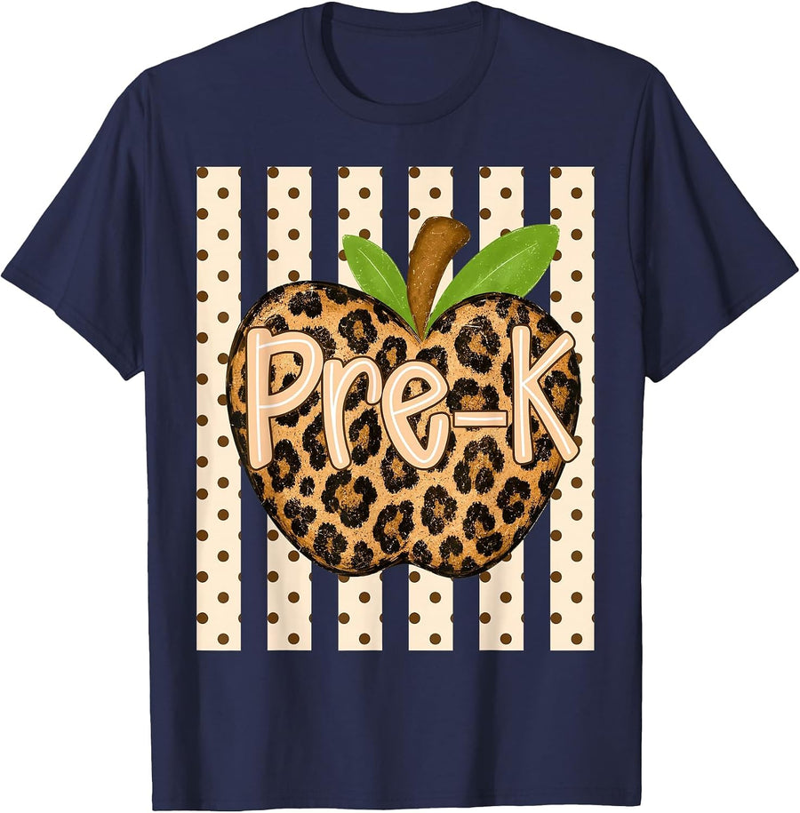 Preppy Leopard Apple Pre-K Back to School Girl Kids T-Shirt - Navy Blue