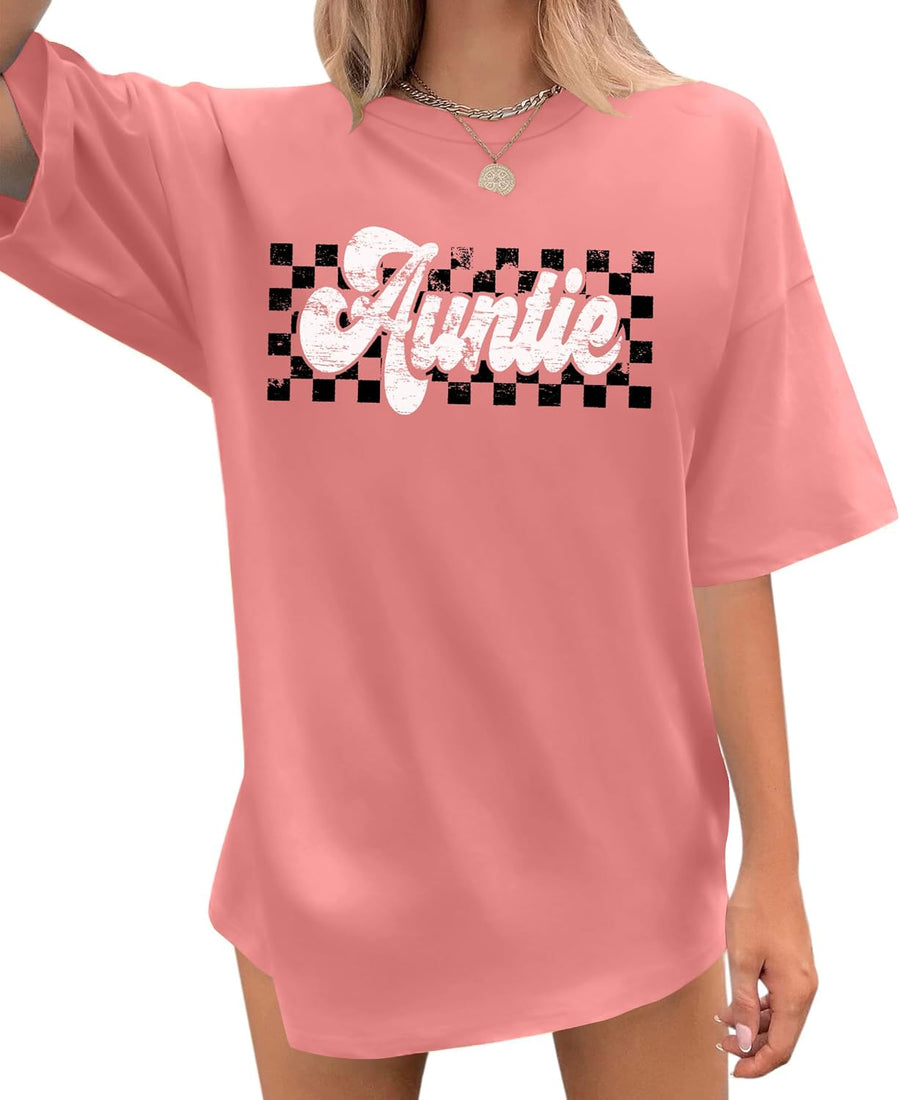 Auntie Shirts for Women: Oversized Aunt T-Shirt Auntie Letter Print Short Sleeve Tops - Pink
