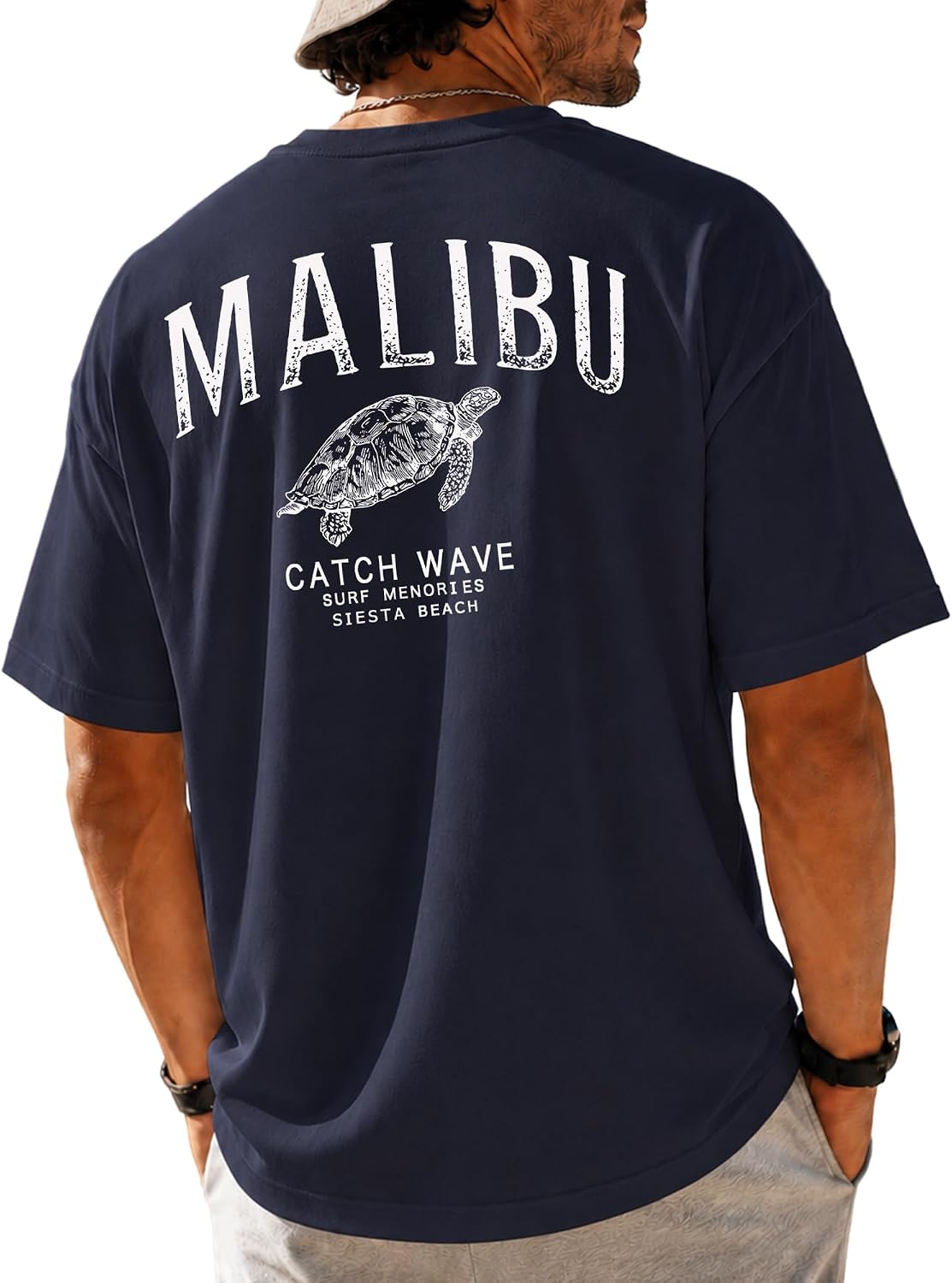 KUYIGO Mens Malibu Turtle Graphic T Shirt Beach Surf Vacation Tee - Navy