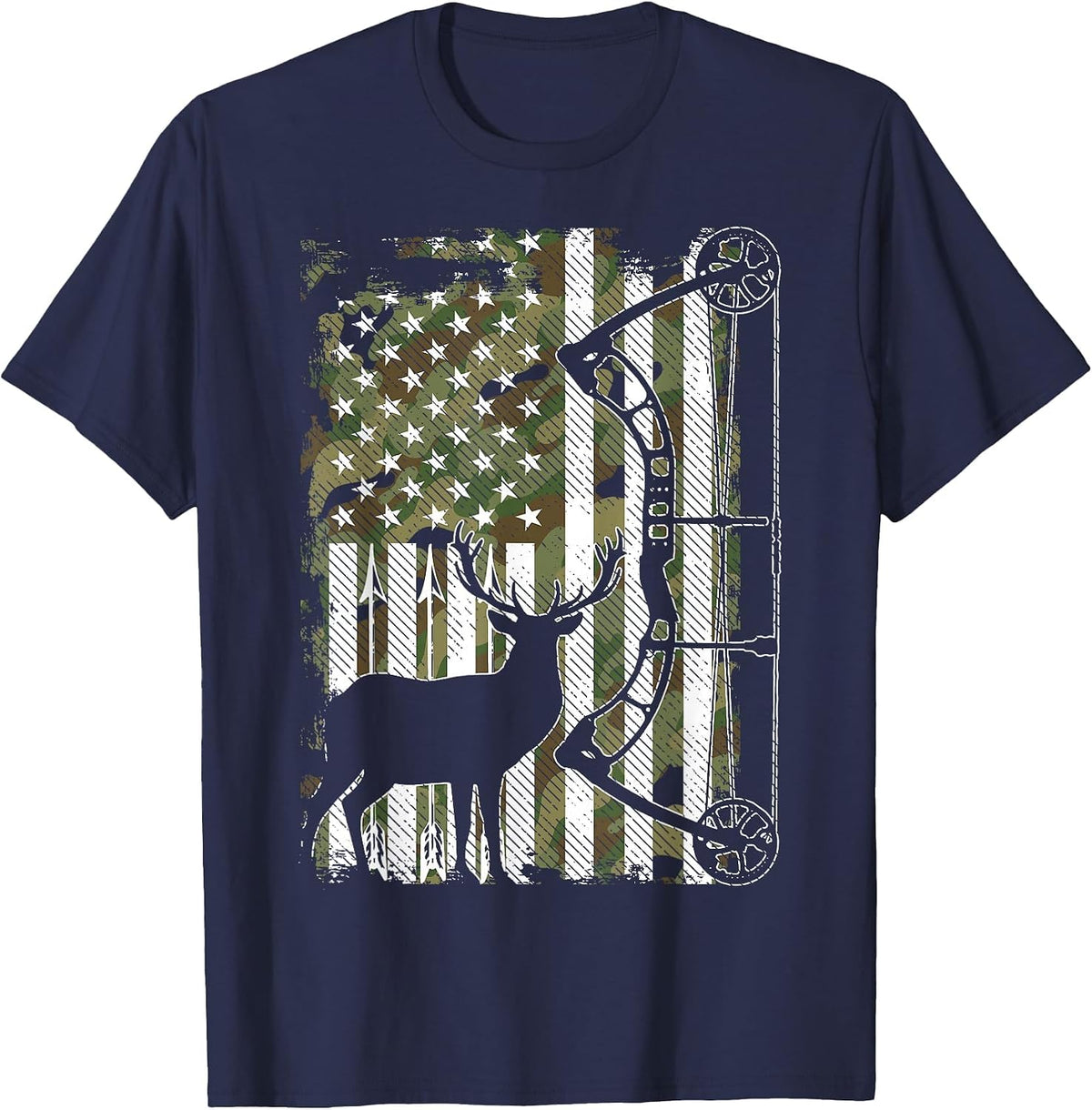 Bow Hunting Deer Hunter Camo American Flag for Men Hunter T-Shirt - Navy Blue