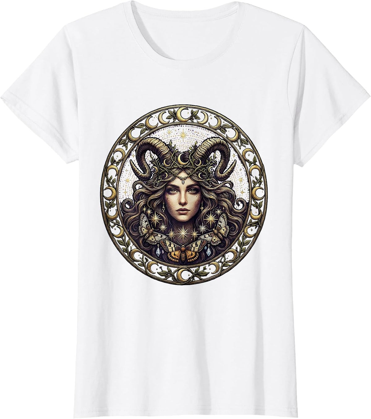 Capricorn Zodiac Goat Horn Flowing Hair Design T-Shirt - White