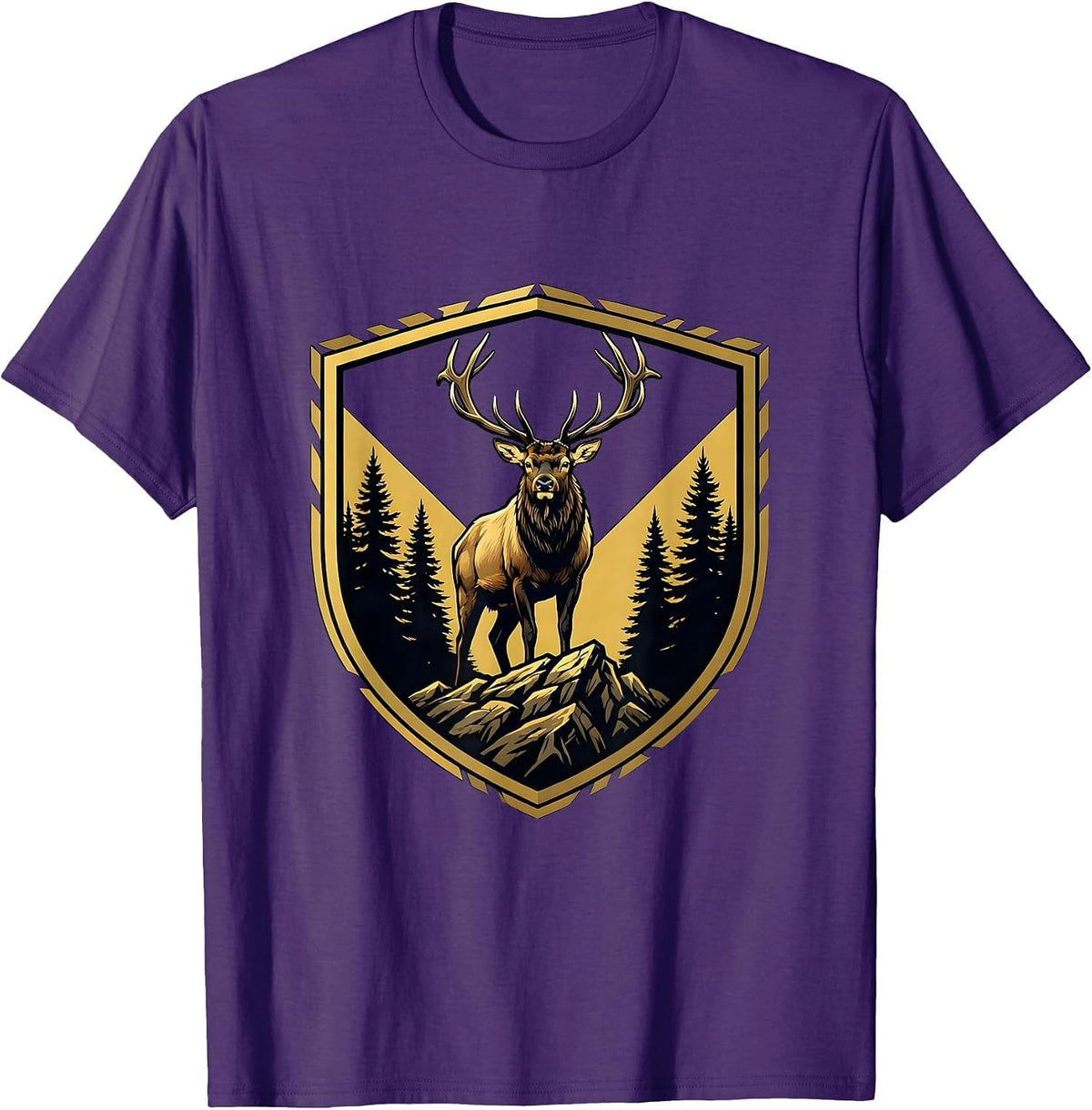 Elk on Rocky Ridge at Dusk Wildlife Illustration T-Shirt - Purple