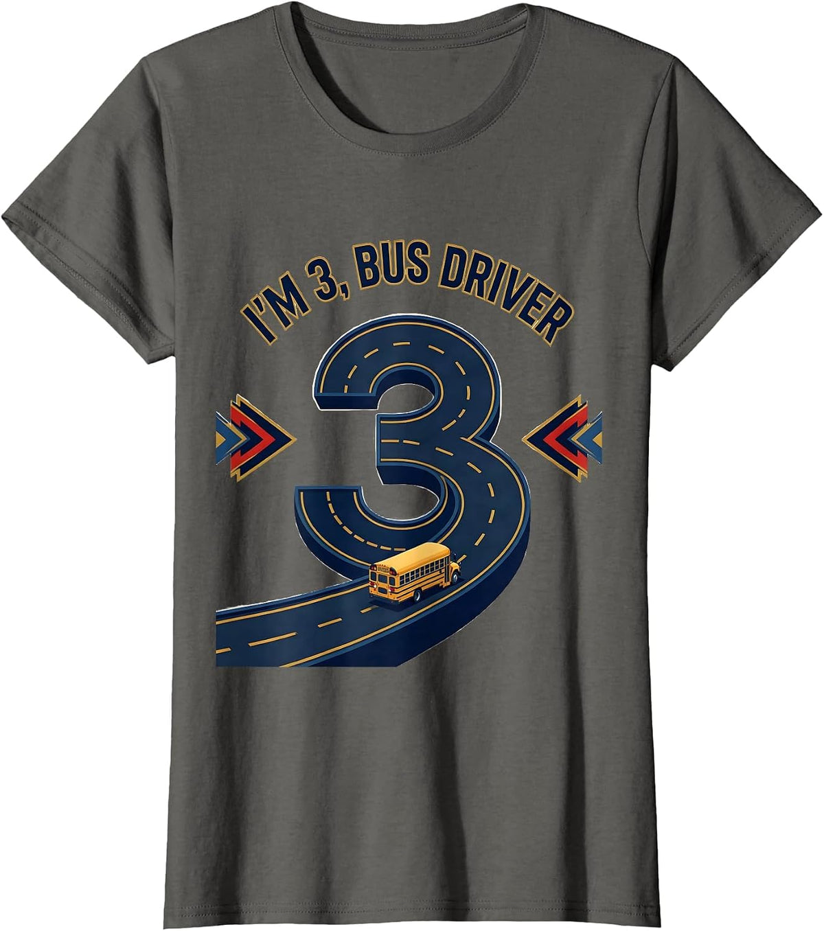 Women's I'm 3 Bus Driver Sports Boys Birthday Party Vehicle Theme T-Shirt - Asphalt Grey
