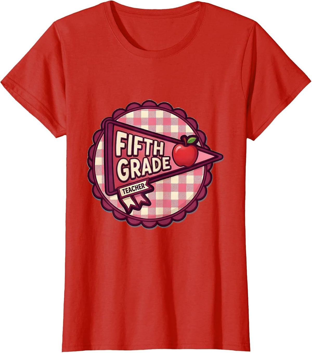 Fifth Grade Teacher Gingham Pennant Flag Back to School T-Shirt - Red