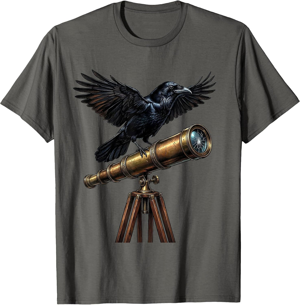 Crow Perched on Old Telescope Illustration T-Shirt - Asphalt Grey