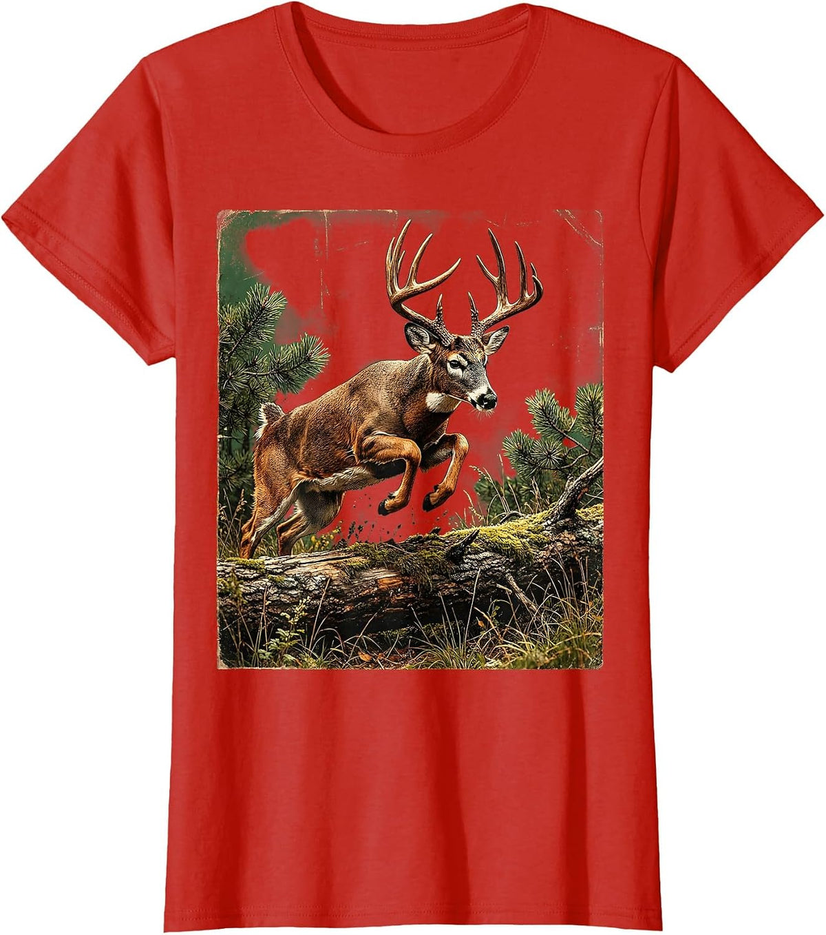 Whitetail Deer Leaping Over Fallen Log T-Shirt - Red