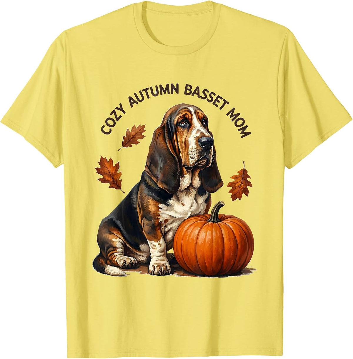 Men's Cozy Autumn Basset Mom Whimsical Basset Hound Fall Dog Lover T-Shirt - Lemon Yellow