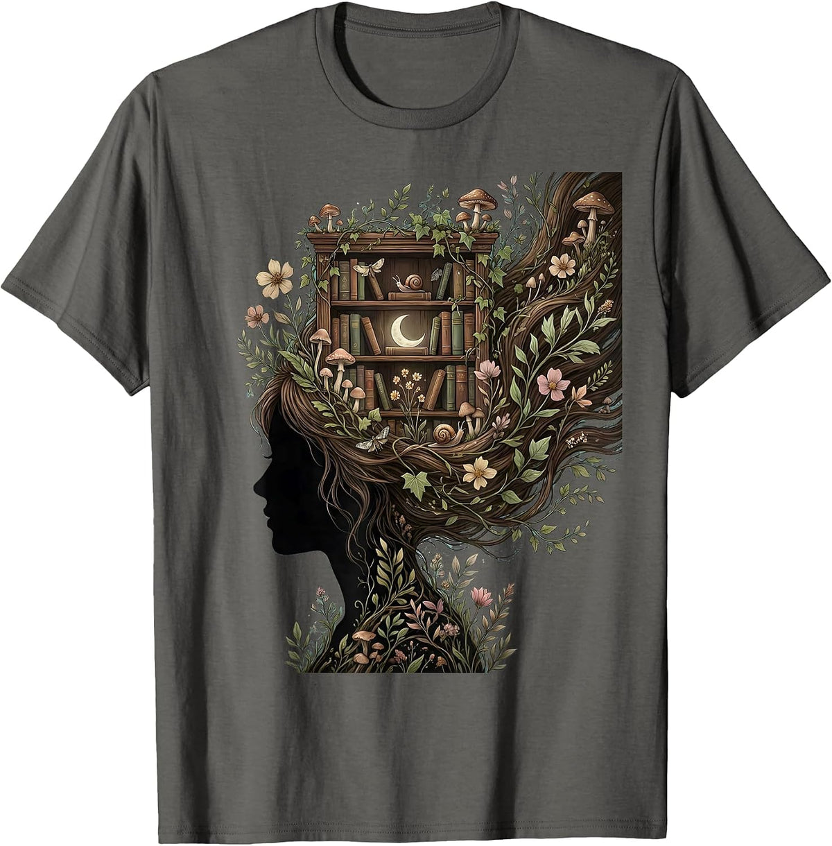 Book Lover Mind Bookshelf Reader Illustration T-Shirt - Asphalt Grey