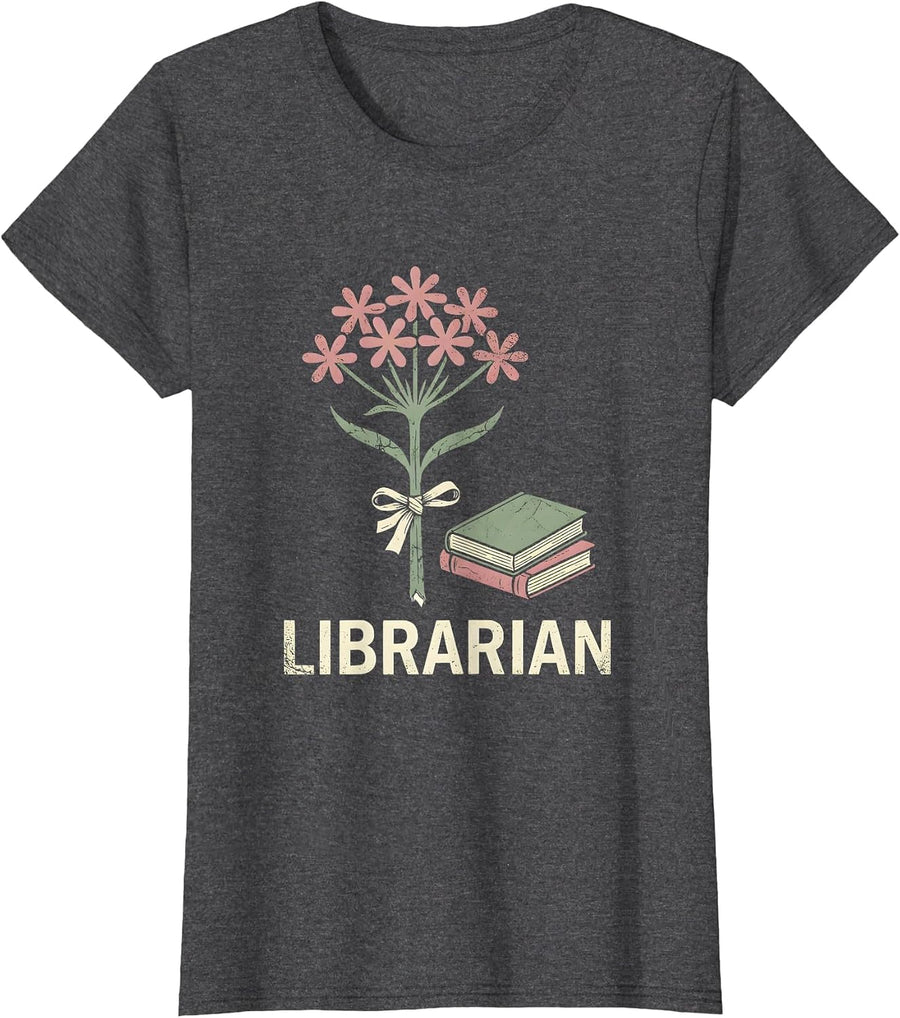 Women's Librarian Floral Boho Teacher Gift School Start Appreciation T-Shirt - Dark Heather Grey