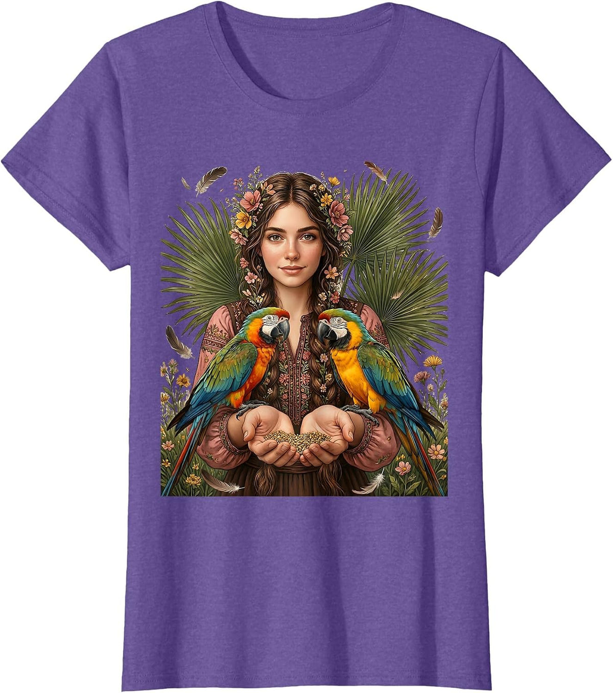 Women's Mexican Girl With Braids Feeding Colorful Parrots T-Shirt - Purple Heather