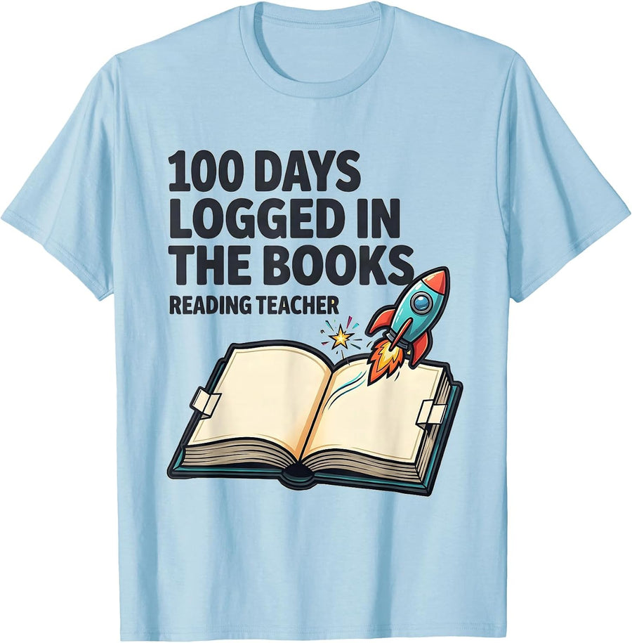 Men's 100 Days Logged In The Books Reading Teacher T-Shirt - Baby Blue