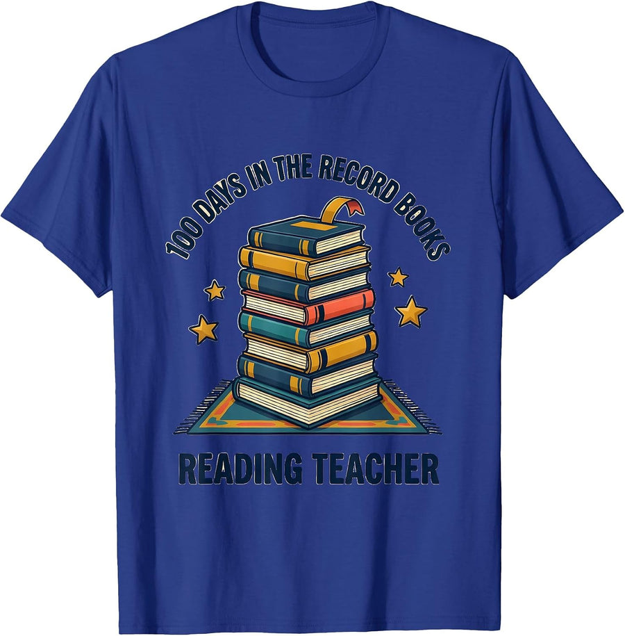 100 Days In The Record Books Reading Teacher T-Shirt - Royal Blue