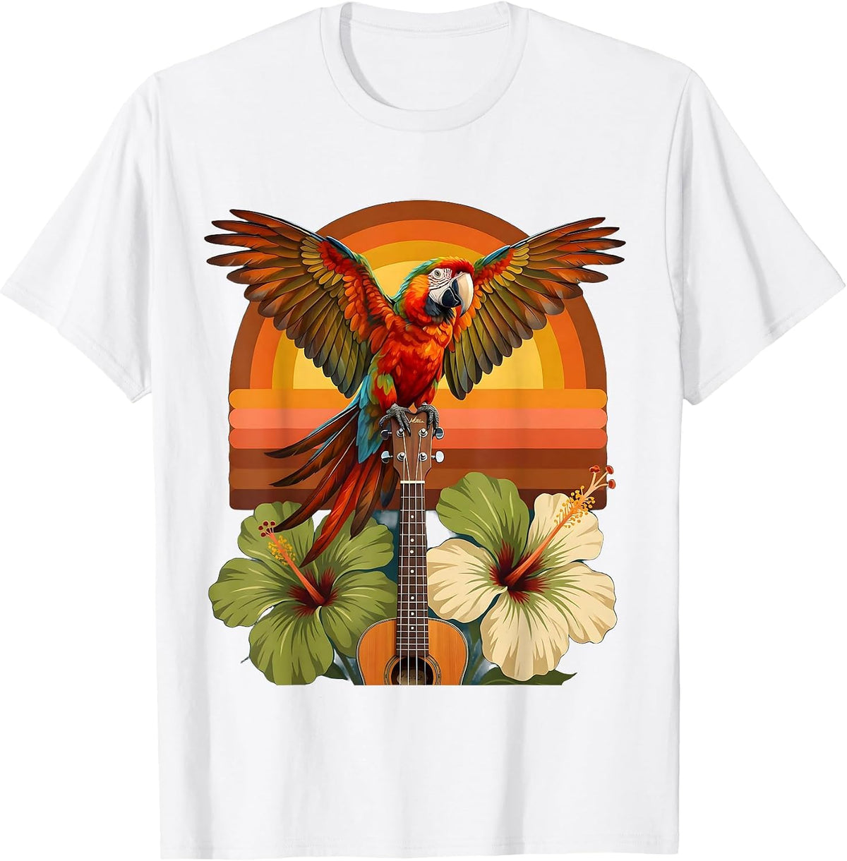 Tropical Parrot on Ukulele Hawaiian Graphic T-Shirt - White