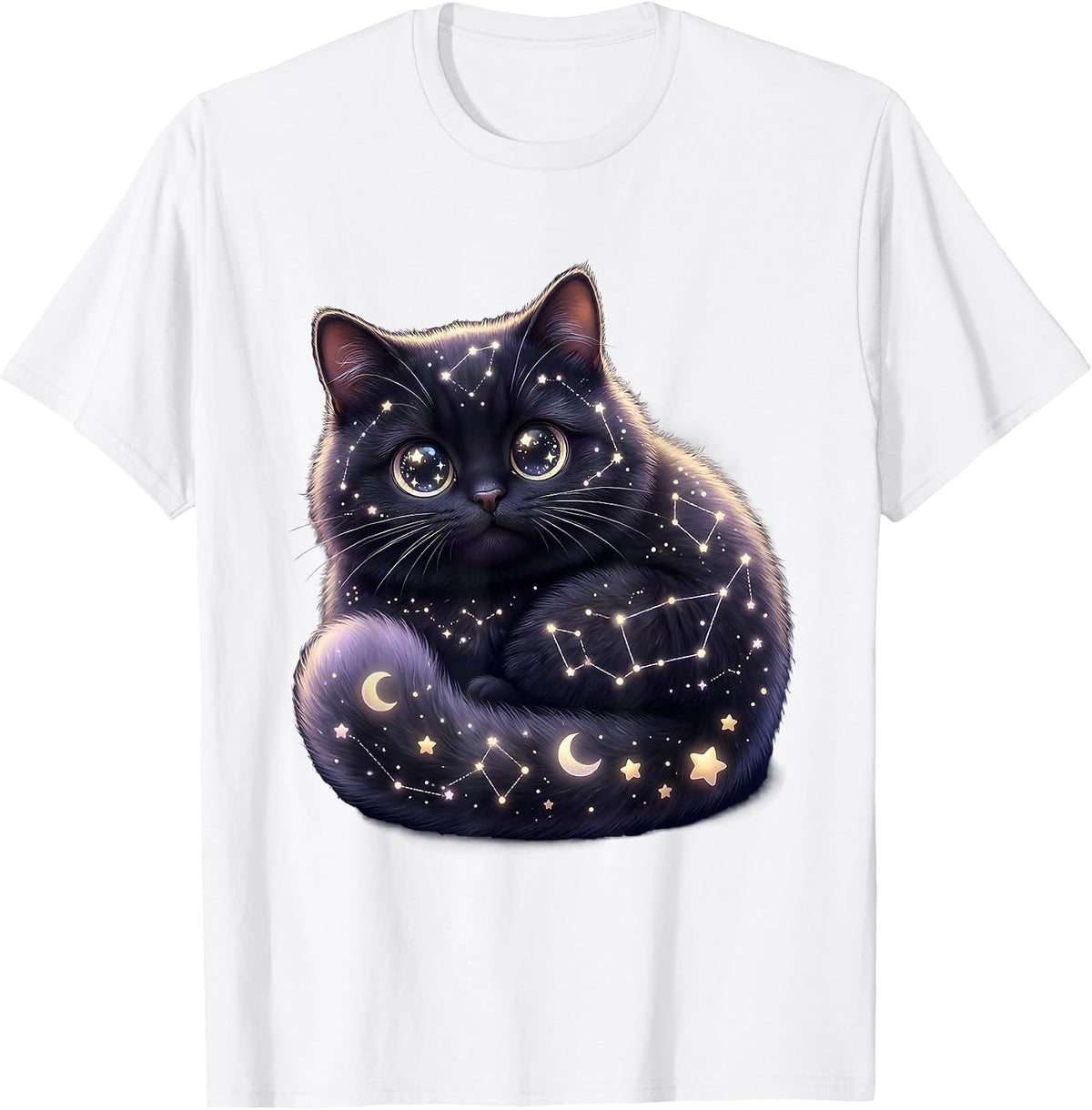 Men's Black Cat Constellation Map Celestial Art T-Shirt - White