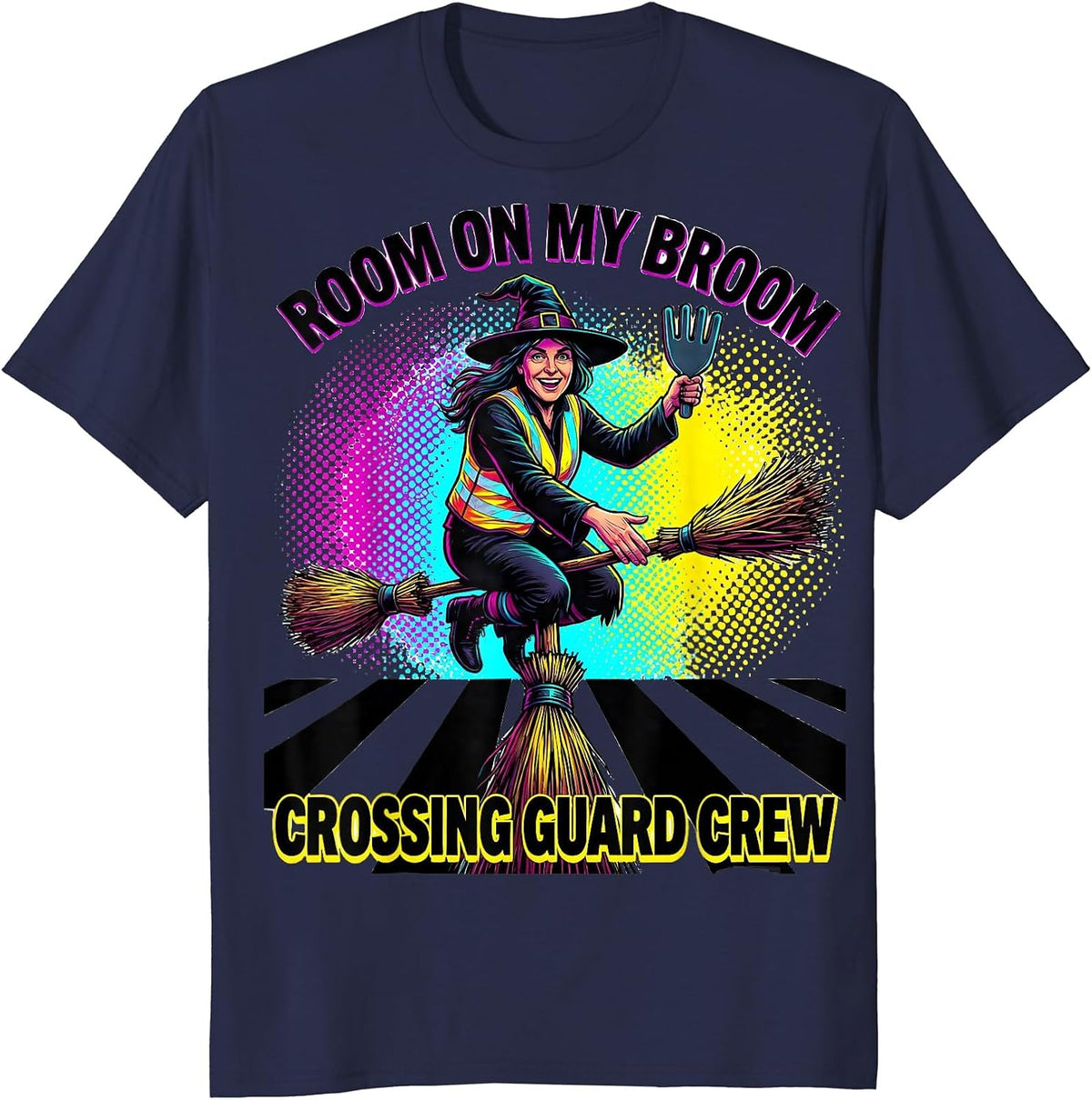 Men's Room On My Broom Crossing Guard Crew Funny Halloween T-Shirt - Navy Blue